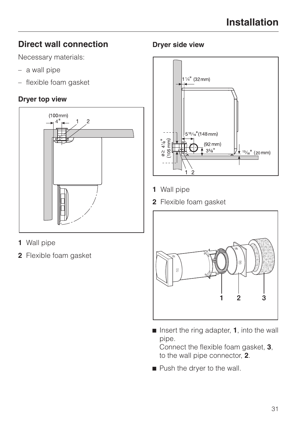 Direct wall connection 31, Direct wall connection, Installation | Miele T 1313 User Manual | Page 35 / 40