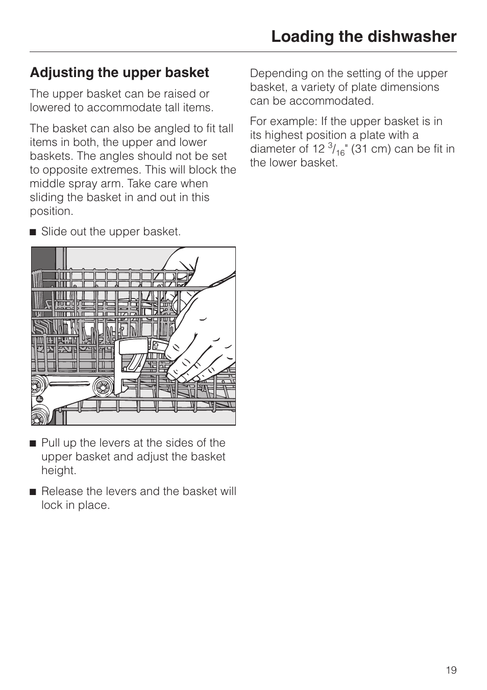 Adjusting the upper basket 19, Loading the dishwasher, Adjusting the upper basket | Miele G 1150 User Manual | Page 19 / 52