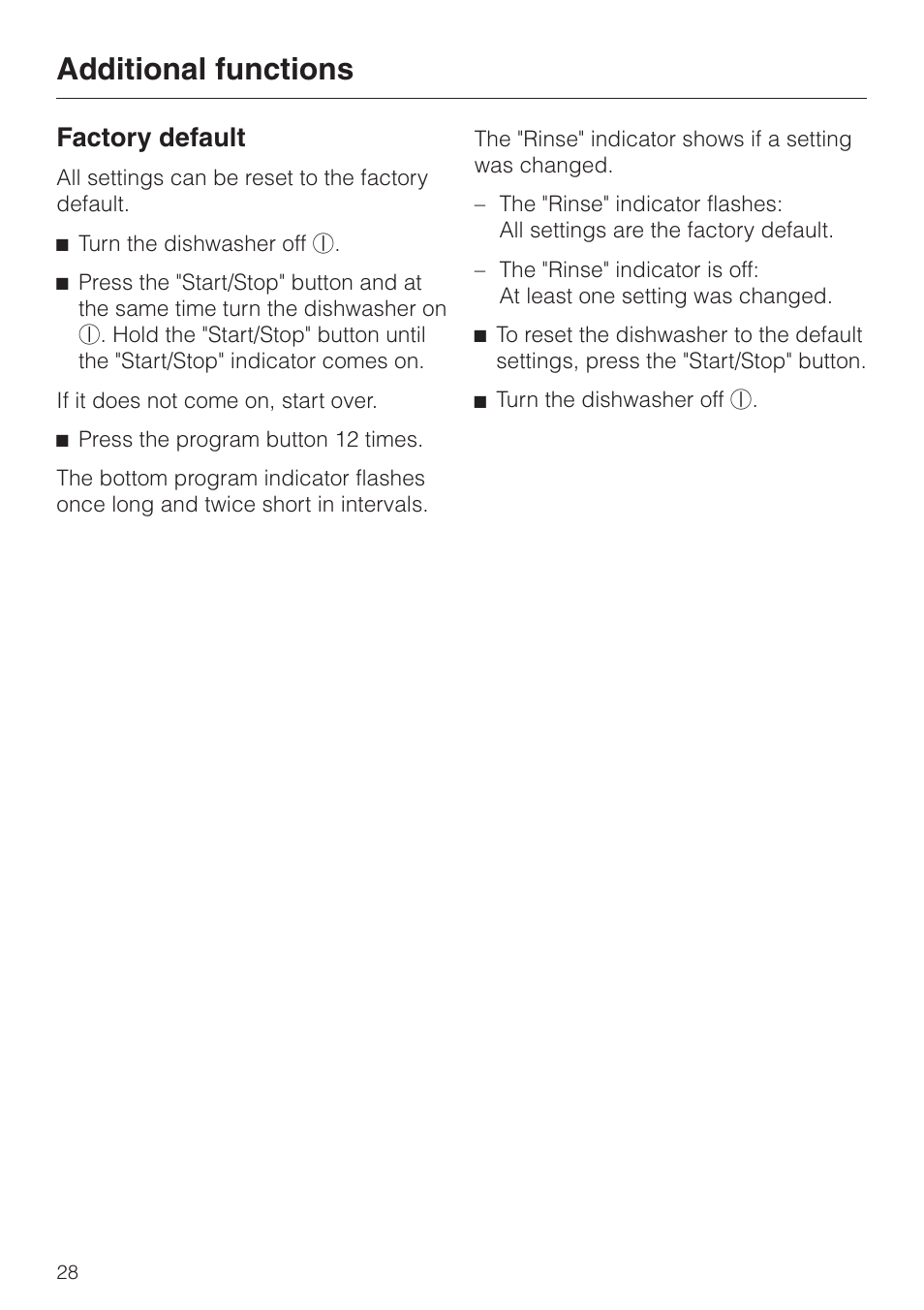 Additional functions 28, Additional functions, Factory default | Miele G 1150 User Manual | Page 28 / 52