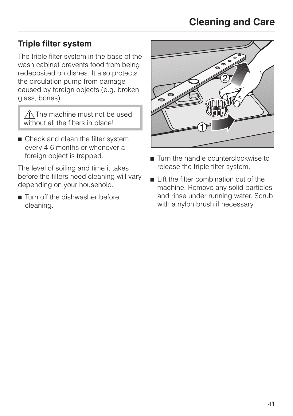 Triple filter system 41, Cleaning and care, Triple filter system | Miele G 1150 User Manual | Page 41 / 52