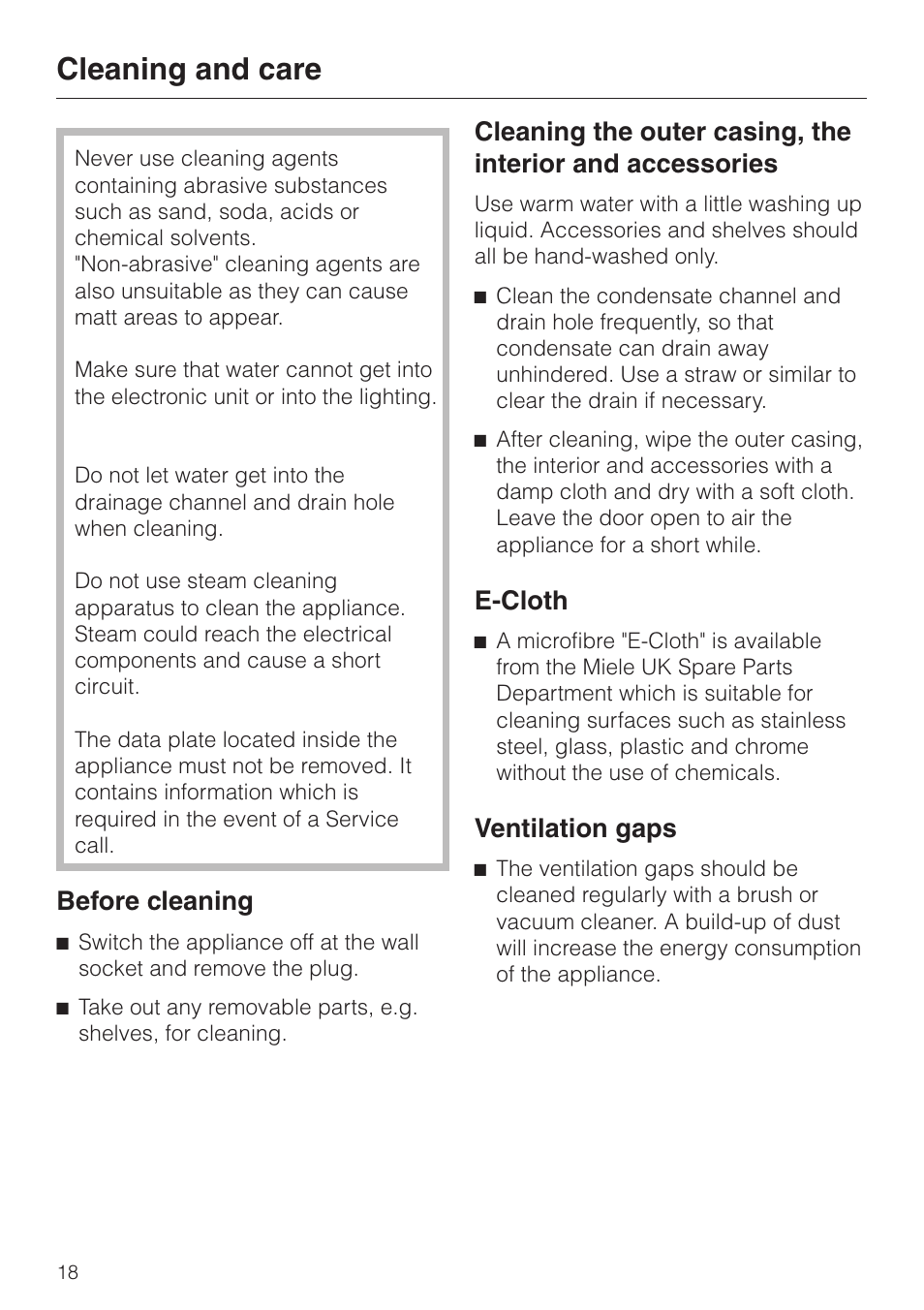 Cleaning and care 18, Ventilation gaps 18, Cleaning and care | Before cleaning, E-cloth, Ventilation gaps | Miele KWL 4812 S User Manual | Page 18 / 32