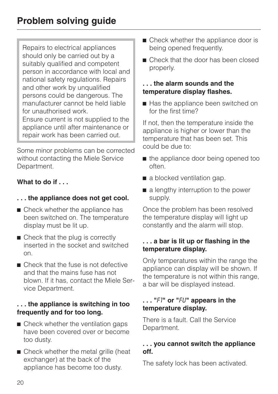 Problem solving guide 20, Problem solving guide | Miele KWL 4812 S User Manual | Page 20 / 32