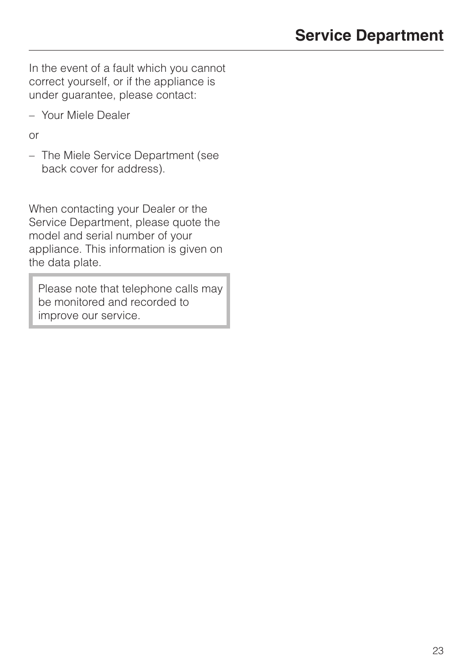 Service department 23, Service department | Miele KWL 4812 S User Manual | Page 23 / 32