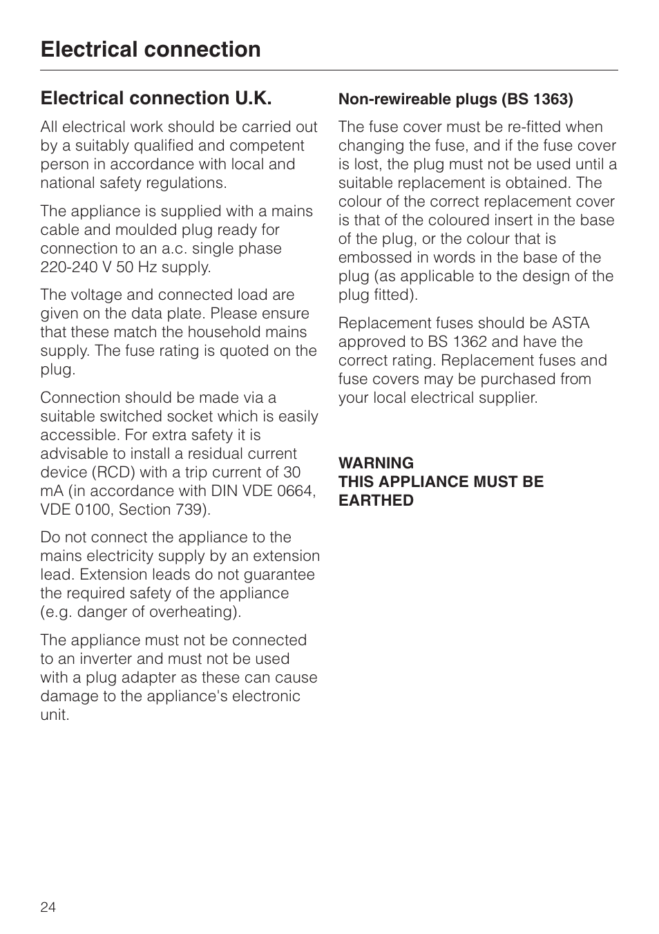 Electrical connection 24, Electrical connection u.k. 24, Electrical connection | Electrical connection u.k | Miele KWL 4812 S User Manual | Page 24 / 32