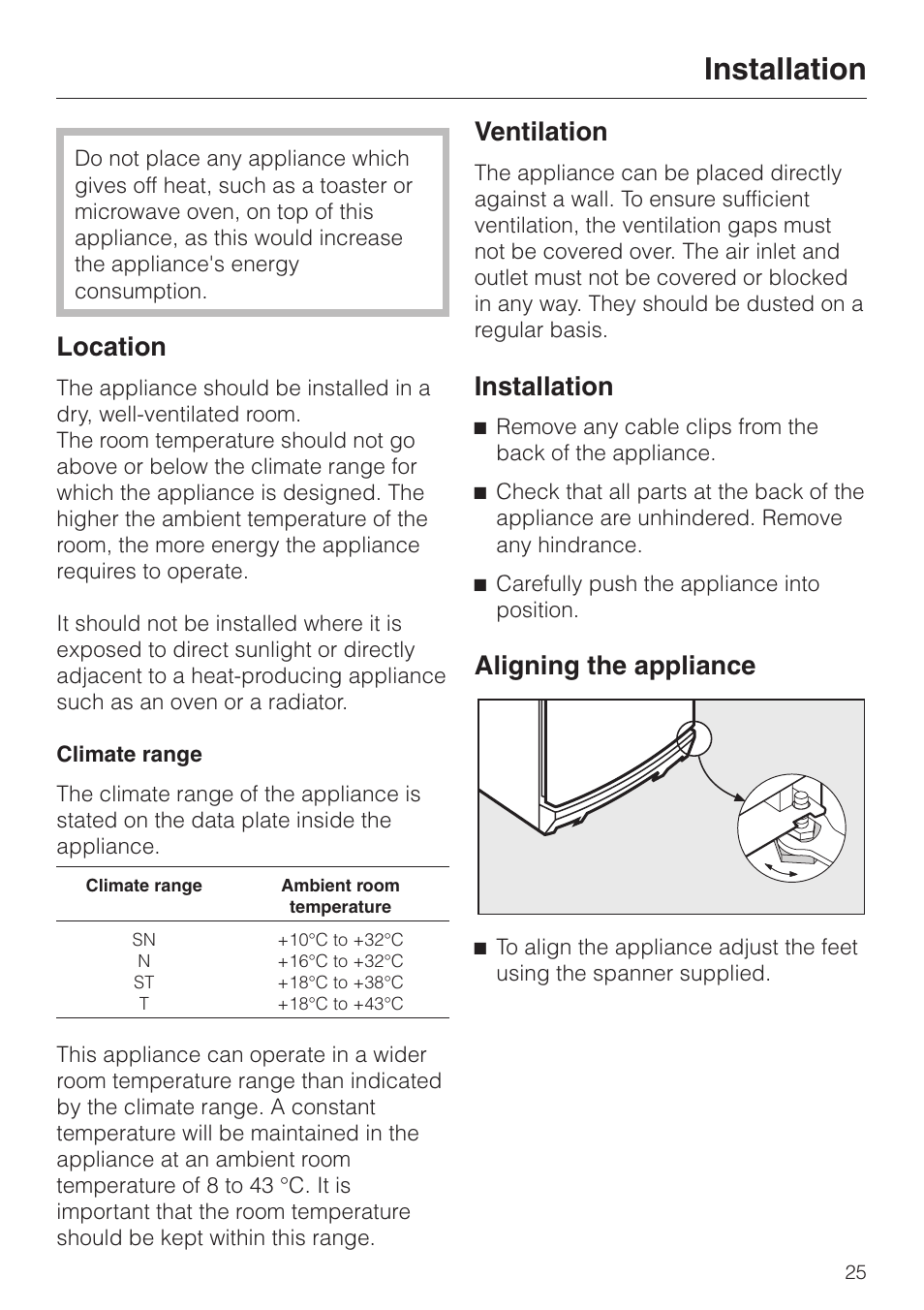 Installation 25, Location 25, Climate range 25 | Ventilation 25, Aligning the appliance 25, Location, Ventilation, Installation, Aligning the appliance | Miele KWL 4812 S User Manual | Page 25 / 32