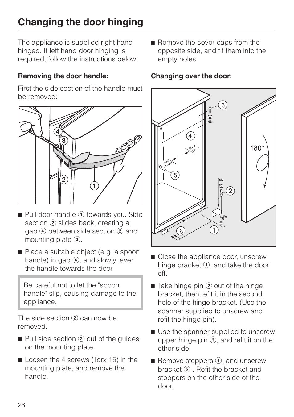 Changing the door hinging 26, Changing the door hinging | Miele KWL 4812 S User Manual | Page 26 / 32