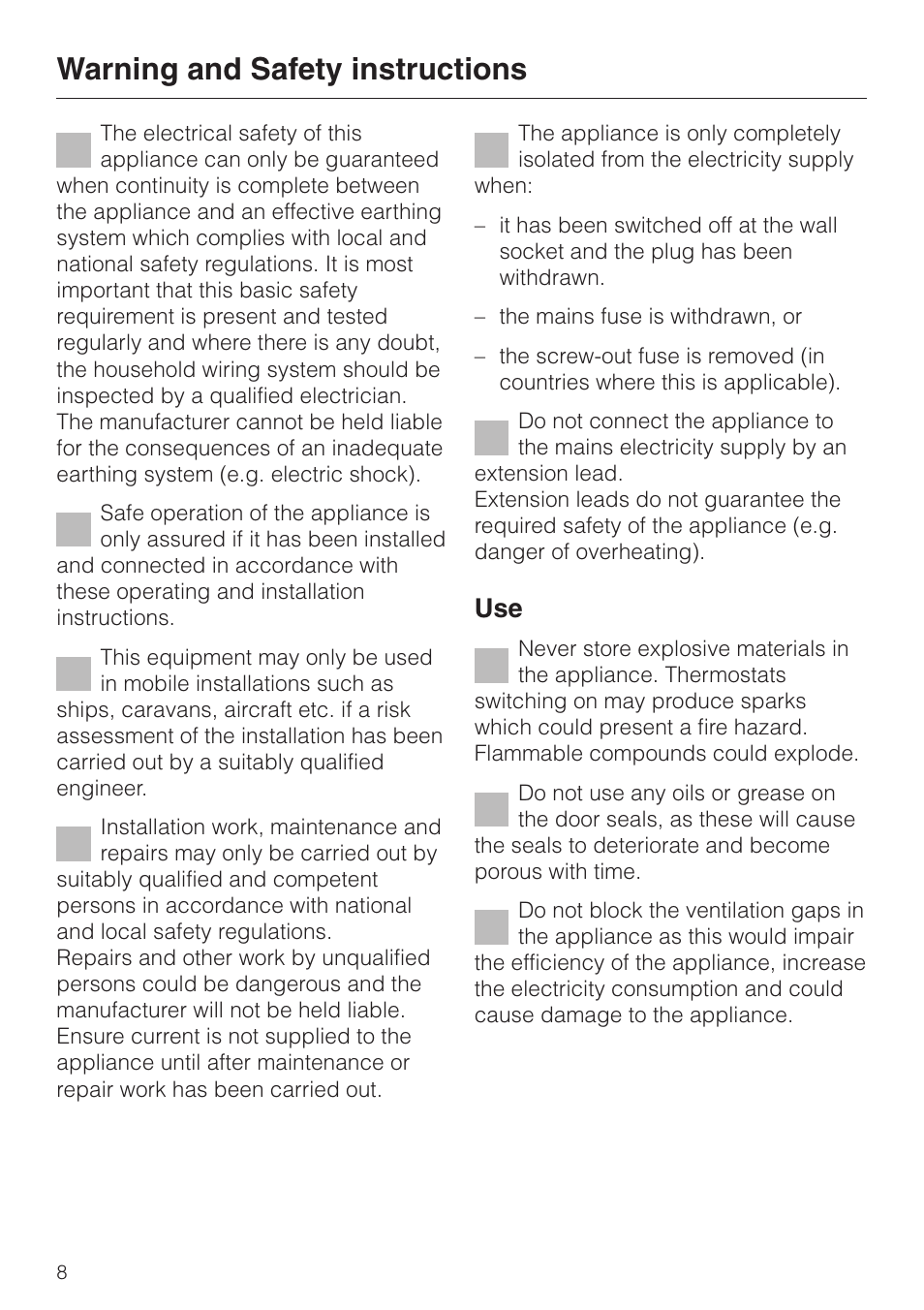 Warning and safety instructions | Miele KWL 4812 S User Manual | Page 8 / 32