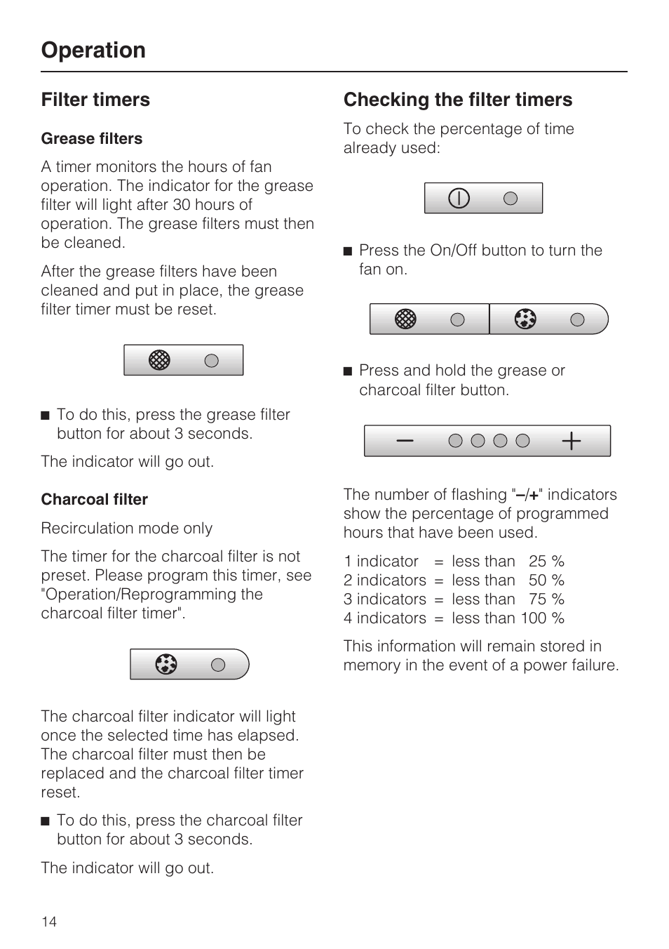 Filter timers 14, Checking the filter timers 14, Operation | Filter timers, Checking the filter timers | Miele DA409 User Manual | Page 14 / 36