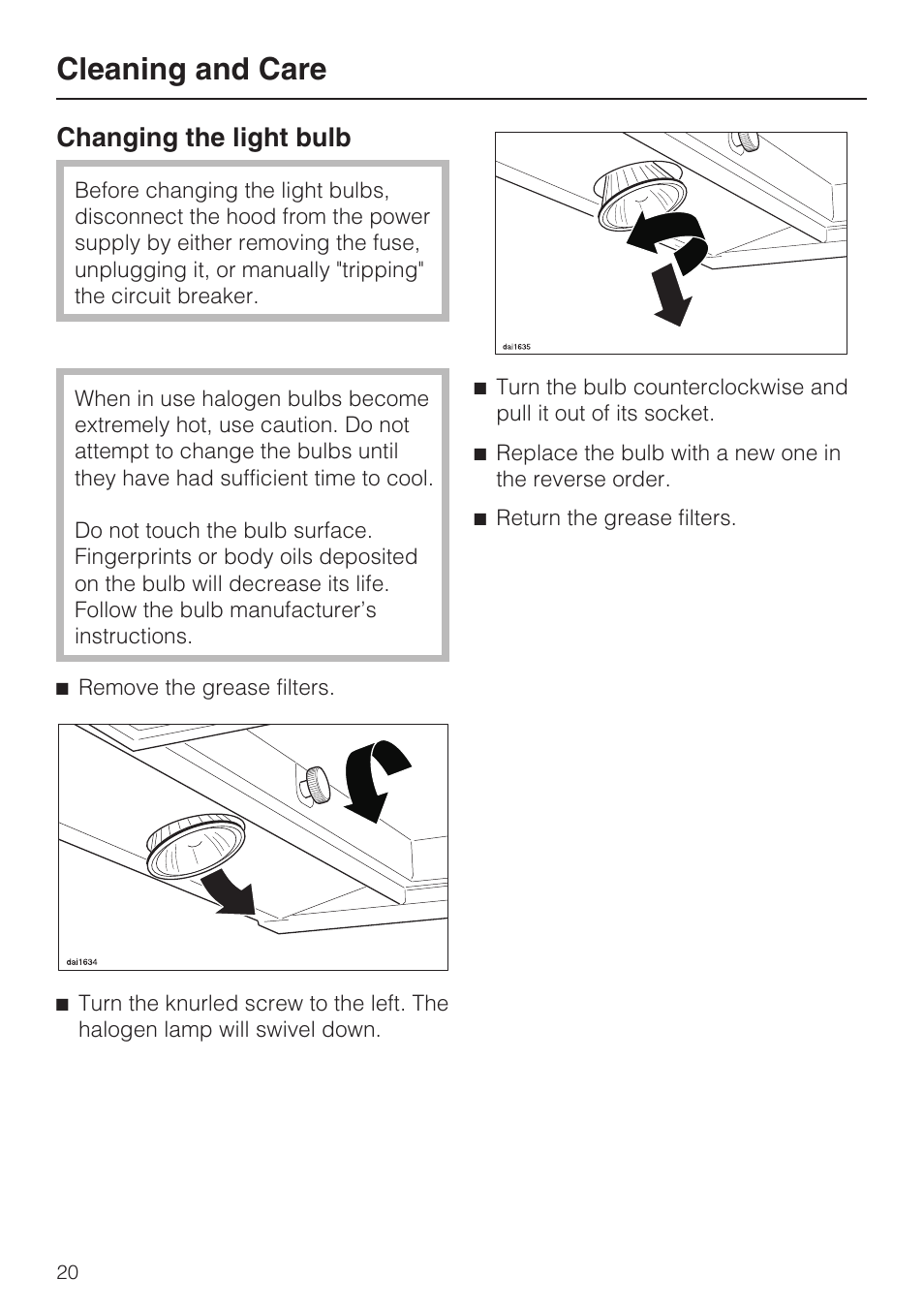Changing the light bulb 20, Cleaning and care, Changing the light bulb | Miele DA409 User Manual | Page 20 / 36