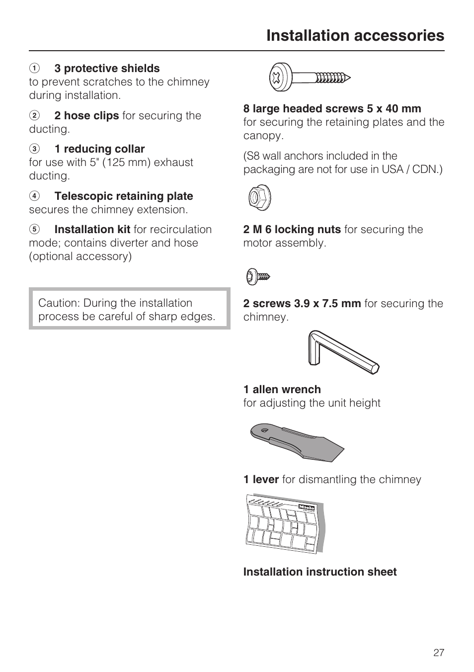 Installation accessories | Miele DA409 User Manual | Page 27 / 36