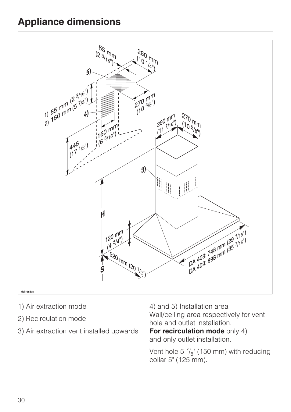 Appliance dimensions 30, Appliance dimensions | Miele DA409 User Manual | Page 30 / 36