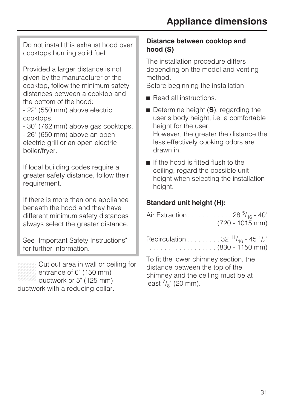 Appliance dimensions | Miele DA409 User Manual | Page 31 / 36