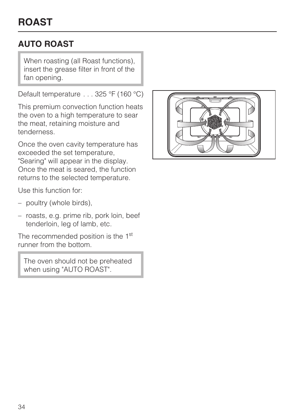 Roast 34, Roast, Auto roast | Miele H4881BP User Manual | Page 34 / 76