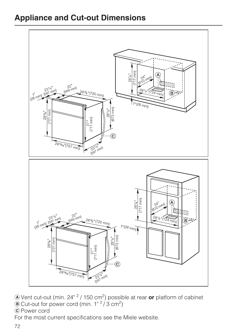 Appliance and cut-out dimensions 72, Appliance and cut-out dimensions | Miele H4881BP User Manual | Page 72 / 76