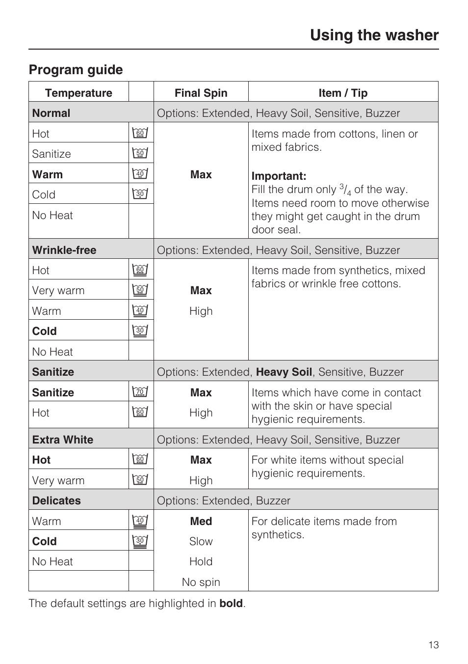 Program guide 13, Using the washer, Program guide | Miele TOUCHTRONIC W 4802 User Manual | Page 13 / 56
