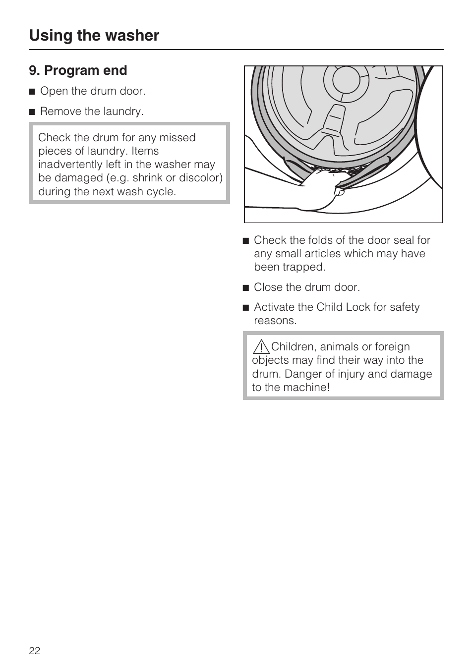 Program end 22, Using the washer | Miele TOUCHTRONIC W 4802 User Manual | Page 22 / 56