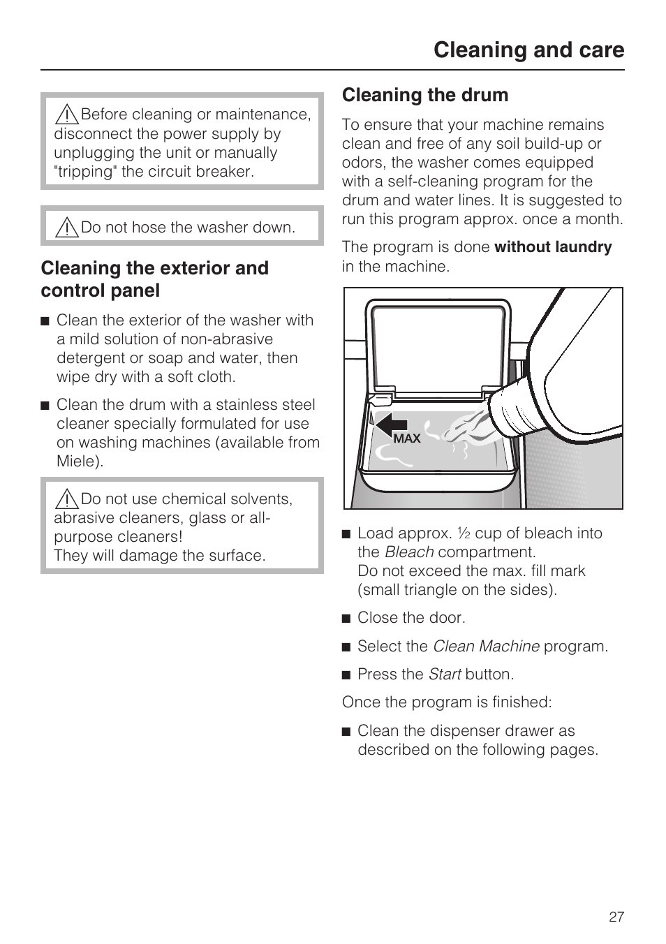 Cleaning and care 27, Cleaning the exterior and control panel 27, Cleaning the drum 27 | Cleaning and care | Miele TOUCHTRONIC W 4802 User Manual | Page 31 / 56
