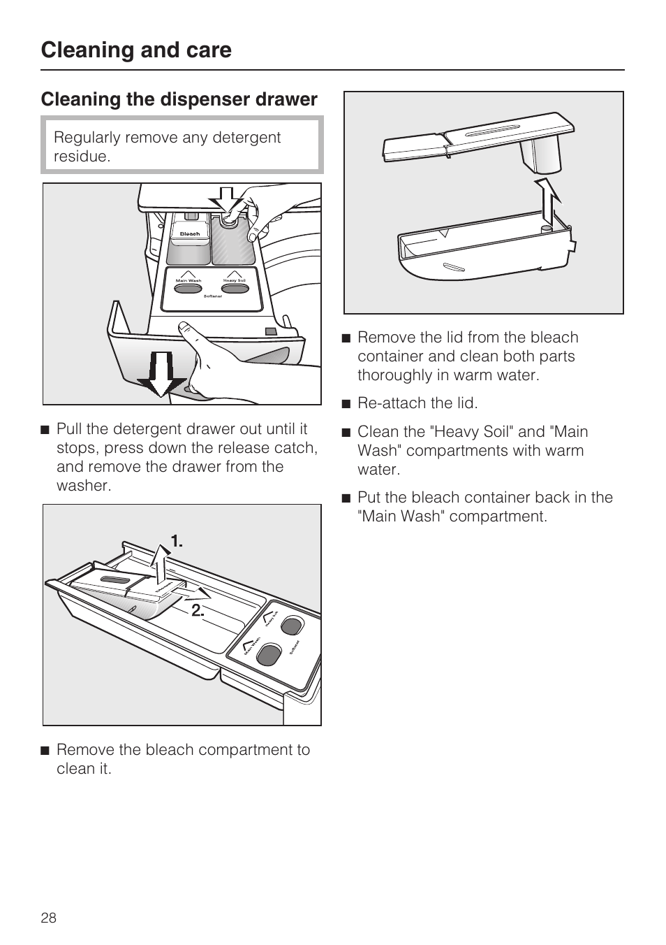 Cleaning the dispenser drawer 28, Cleaning and care, Cleaning the dispenser drawer | Miele TOUCHTRONIC W 4802 User Manual | Page 32 / 56