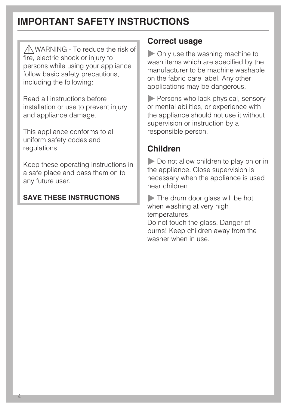 Important safety instructions 4, Important safety instructions | Miele TOUCHTRONIC W 4802 User Manual | Page 4 / 56