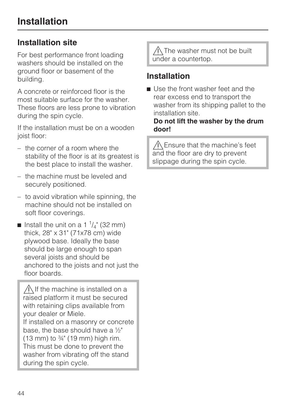 Installation site 44, Installation site, Installation | Miele TOUCHTRONIC W 4802 User Manual | Page 48 / 56