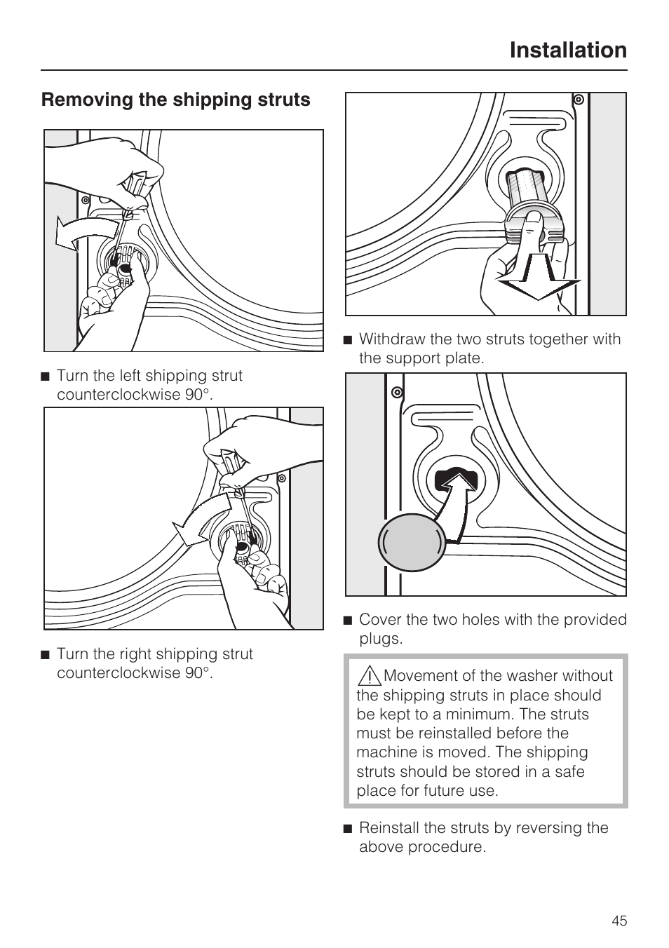 Removing the shipping struts 45, Installation, Removing the shipping struts | Miele TOUCHTRONIC W 4802 User Manual | Page 49 / 56