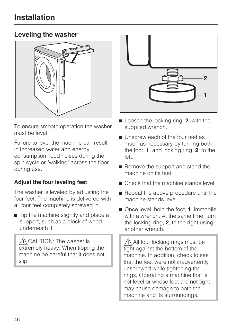 Leveling the washer 46, Installation, Leveling the washer | Miele TOUCHTRONIC W 4802 User Manual | Page 50 / 56