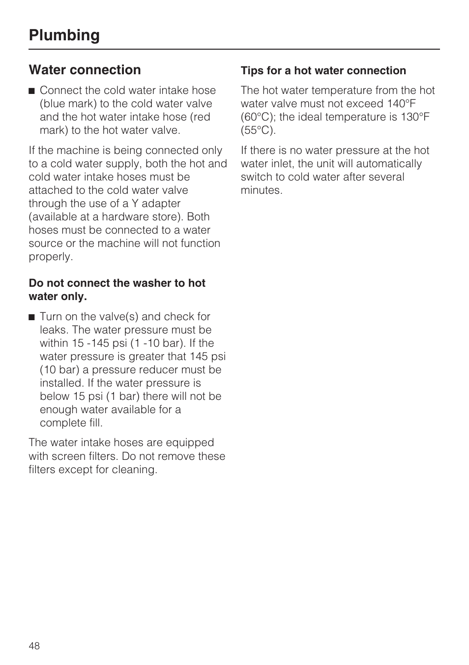 Plumbing, Water connection | Miele TOUCHTRONIC W 4802 User Manual | Page 52 / 56