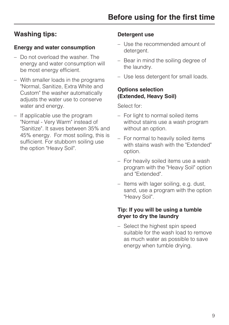 Washing tips: 9, Before using for the first time, Washing tips | Miele TOUCHTRONIC W 4802 User Manual | Page 9 / 56