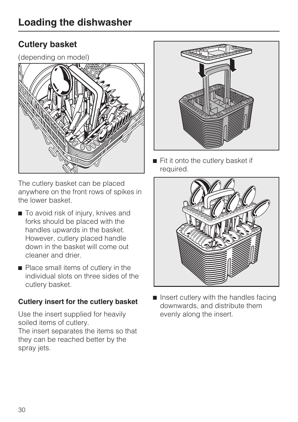 Loading the dishwasher, Cutlery basket | Miele G 5870 User Manual | Page 30 / 76