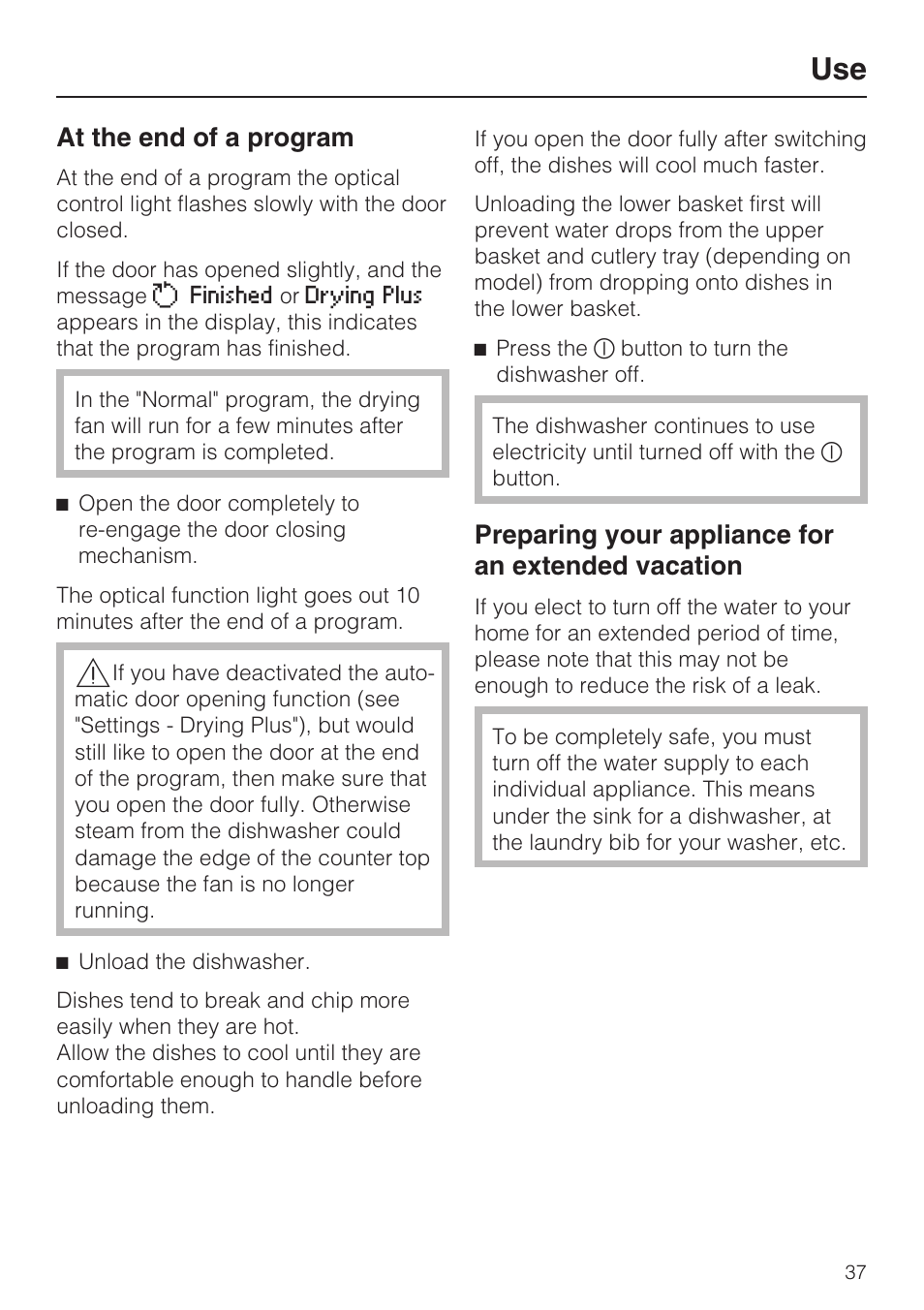 At the end of a program 37, At the end of a program, Preparing your appliance for an extended vacation | Miele G 5870 User Manual | Page 37 / 76