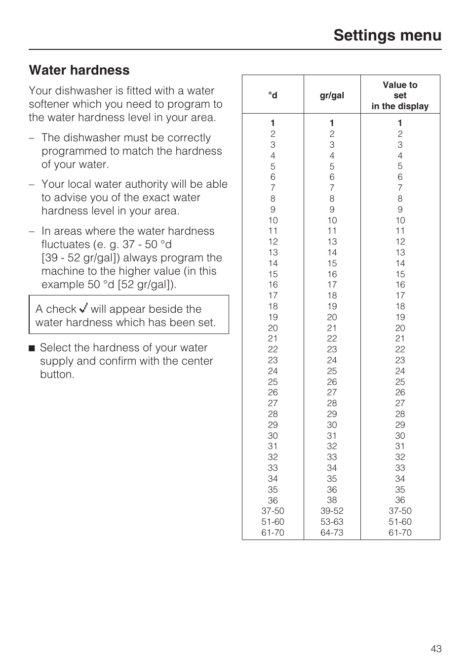 Water hardness 43, Settings menu, Water hardness | Miele G 5870 User Manual | Page 43 / 76