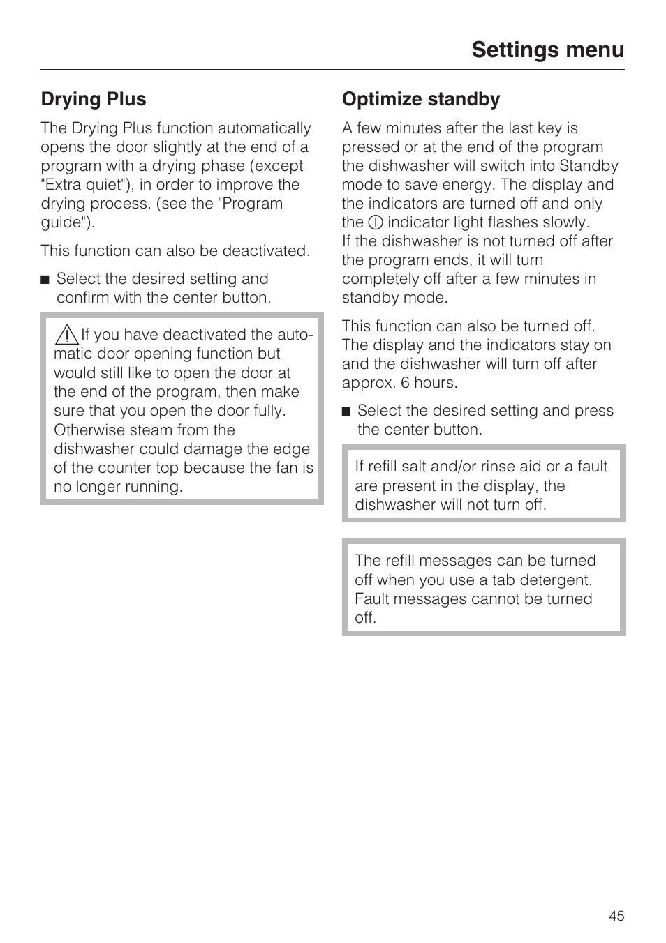 Drying plus 45, Settings menu, Drying plus | Optimize standby | Miele G 5870 User Manual | Page 45 / 76