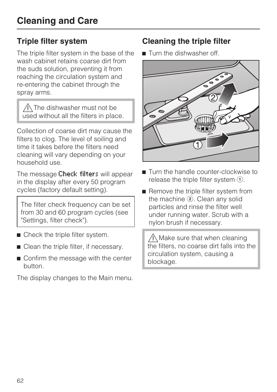 Triple filter system 62, Cleaning and care, Triple filter system | Cleaning the triple filter | Miele G 5870 User Manual | Page 62 / 76