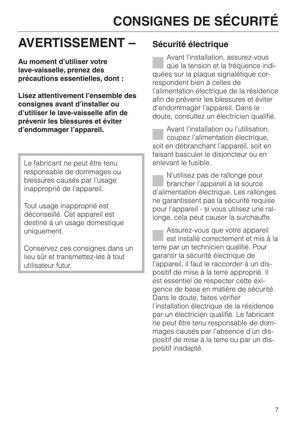 Consignes de sécurité 7, Consignes de sécurité, Avertissement | Miele NOVOTRONIC G 842 PLUS User Manual | Page 7 / 48