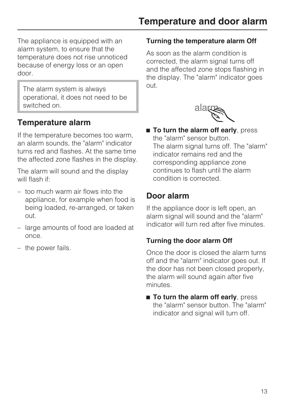 Temperature and door alarm 13, Temperature alarm 13, Door alarm 13 | Temperature and door alarm, Temperature alarm, Door alarm | Miele K1801SF User Manual | Page 13 / 60