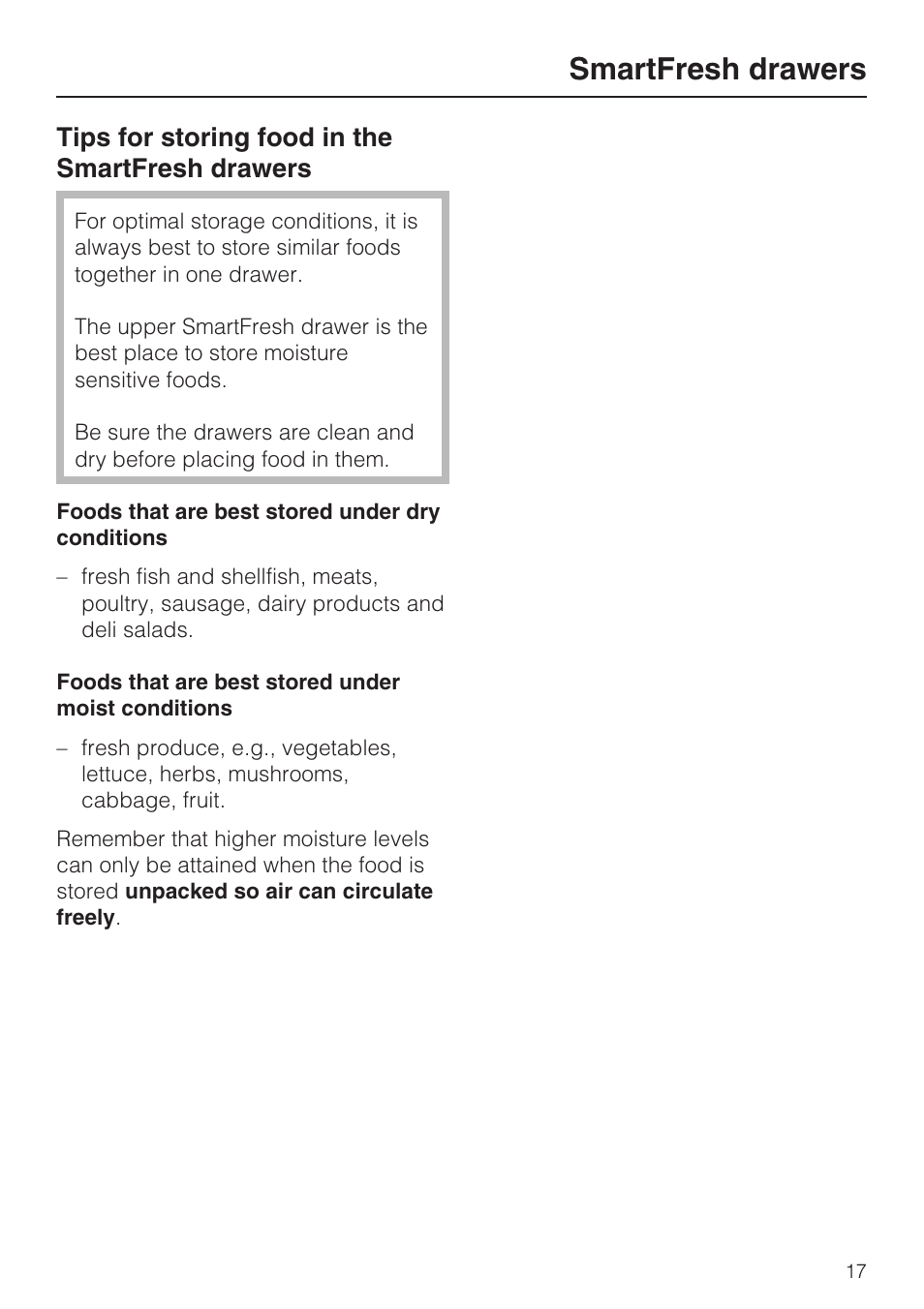 Smartfresh drawers, Tips for storing food in the smartfresh drawers | Miele K1801SF User Manual | Page 17 / 60