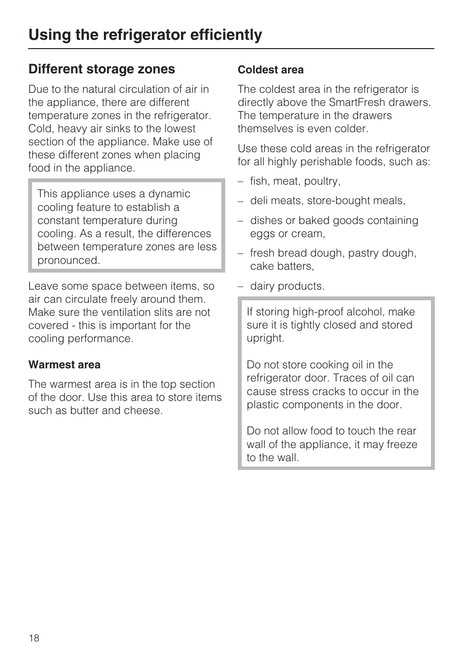 Using the refrigerator efficiently 18, Using the refrigerator efficiently, Different storage zones | Miele K1801SF User Manual | Page 18 / 60