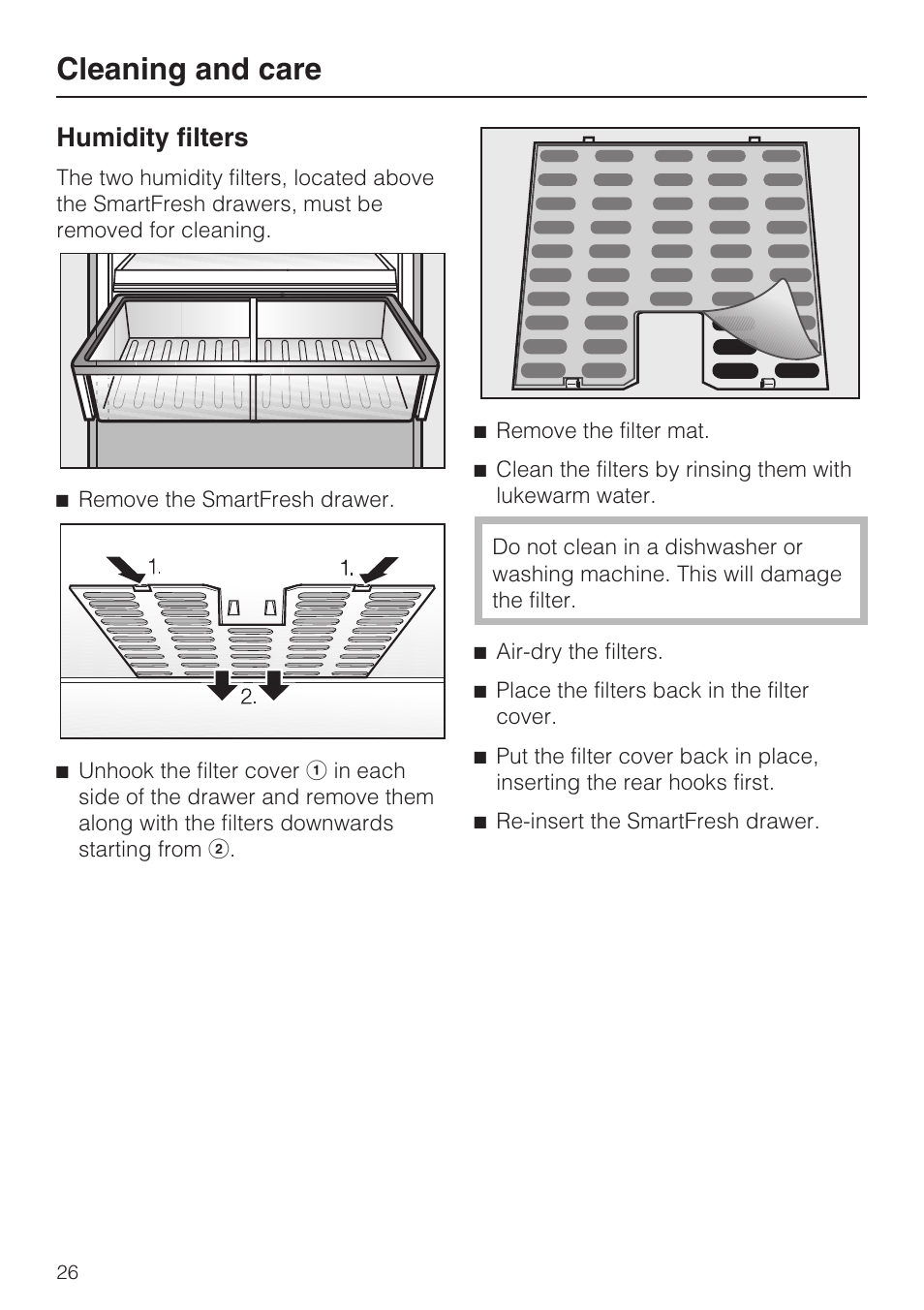 Humidity filters 26, Cleaning and care, Humidity filters | Miele K1801SF User Manual | Page 26 / 60