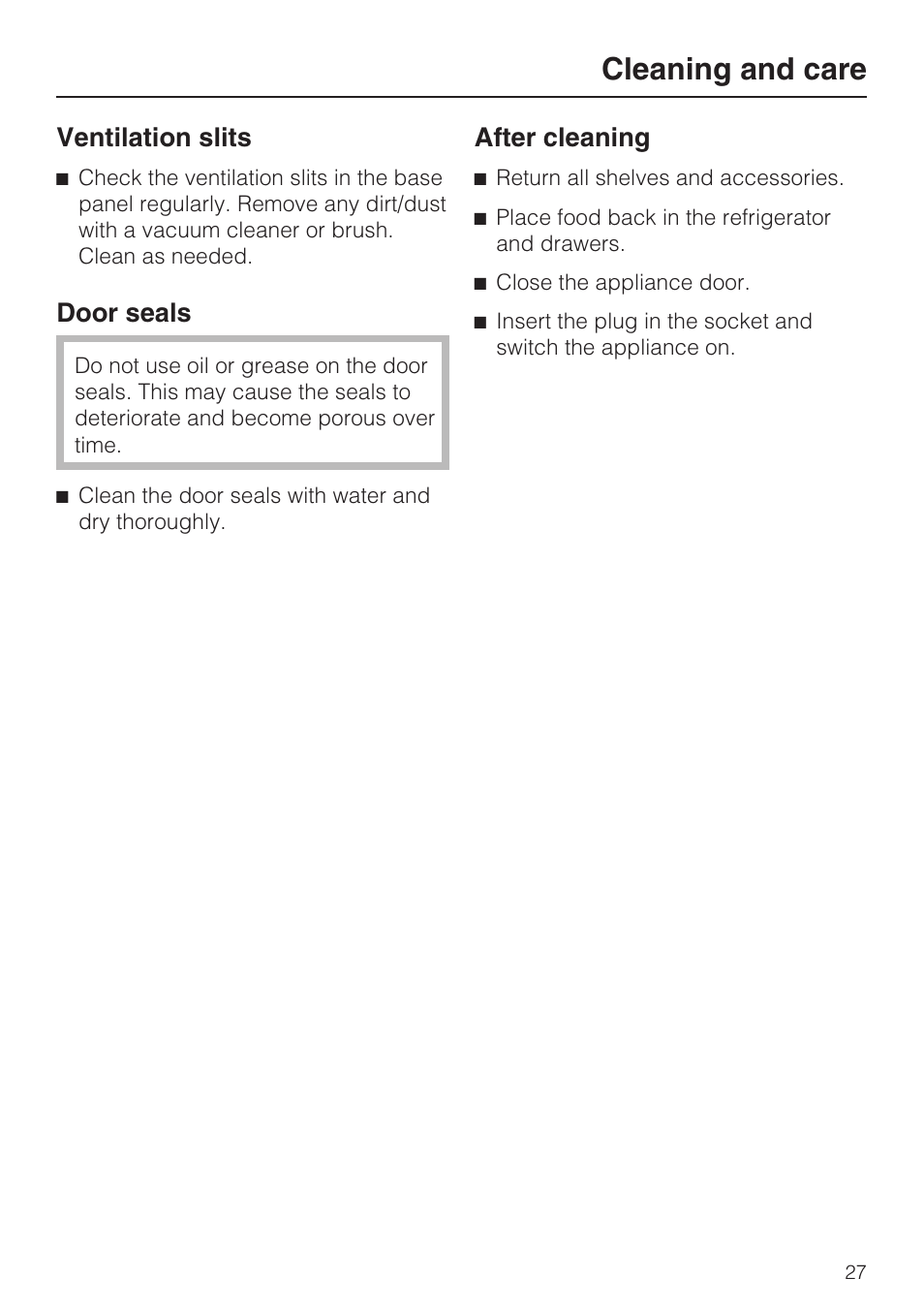 Ventilation slits 27, Door seals 27, Cleaning and care | Miele K1801SF User Manual | Page 27 / 60