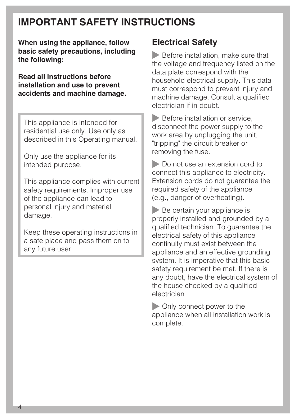 Important safety instructions 4, Important safety instructions | Miele K1801SF User Manual | Page 4 / 60