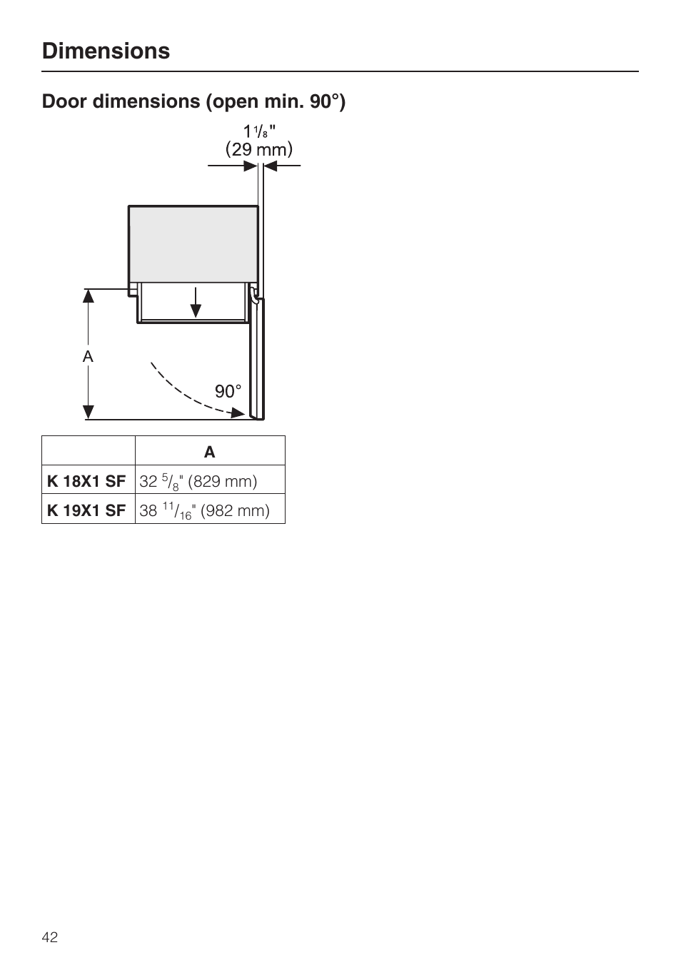 Dimensions 42, Dimensions, Door dimensions (open min. 90°) | Miele K1801SF User Manual | Page 42 / 60