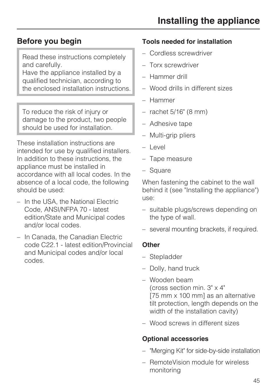 Installing the appliance 45, Before you begin 45, Installing the appliance | Before you begin | Miele K1801SF User Manual | Page 45 / 60