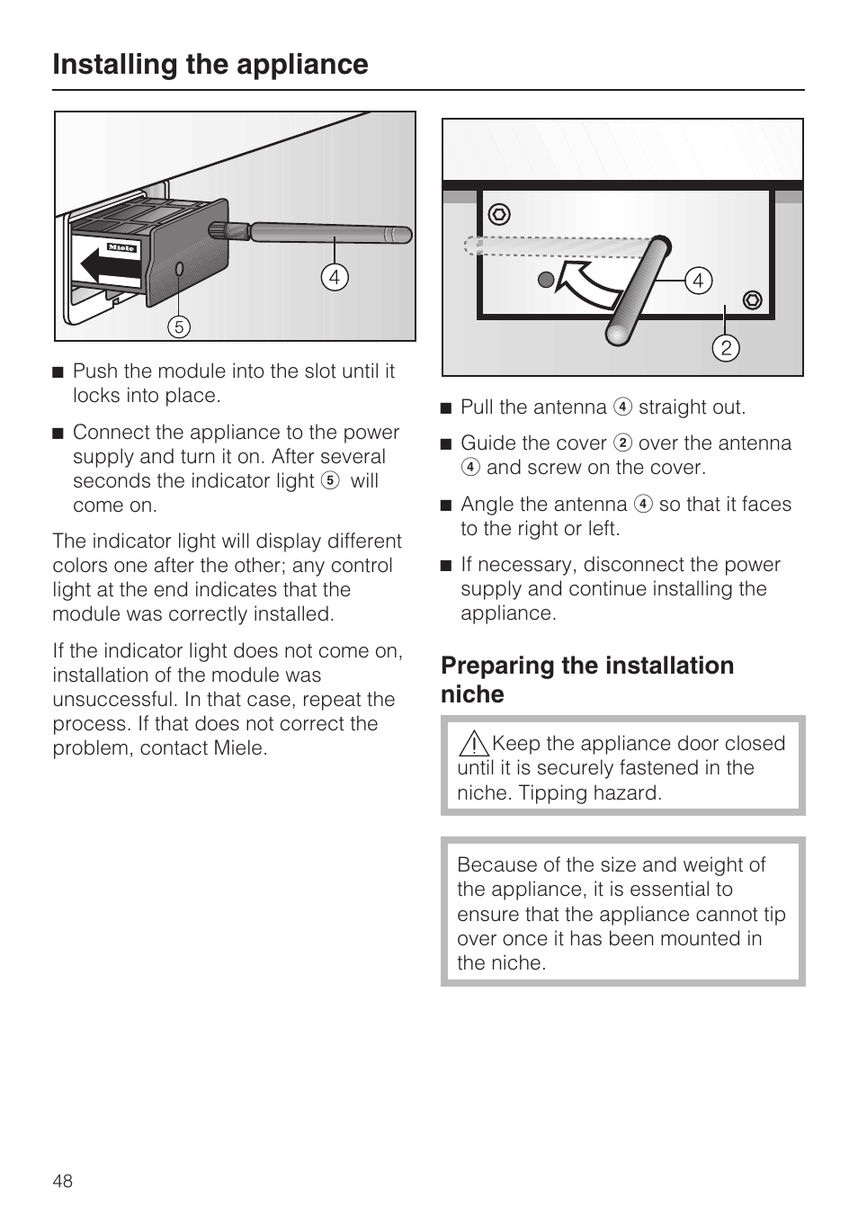 Preparing the installation niche 48, Installing the appliance, Preparing the installation niche | Miele K1801SF User Manual | Page 48 / 60