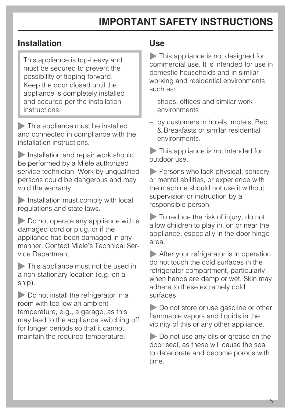 Important safety instructions | Miele K1801SF User Manual | Page 5 / 60