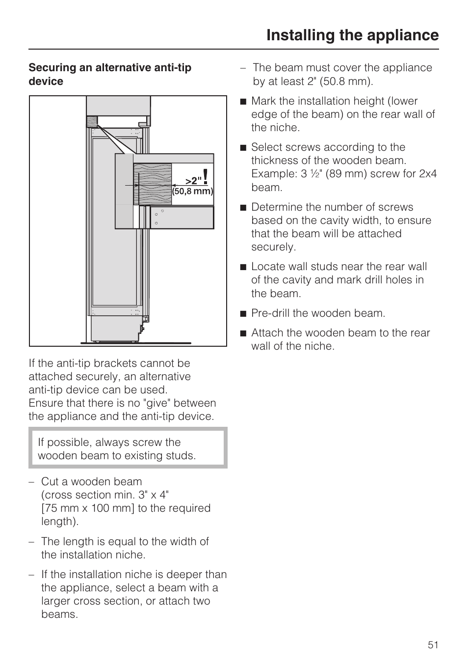 Installing the appliance | Miele K1801SF User Manual | Page 51 / 60