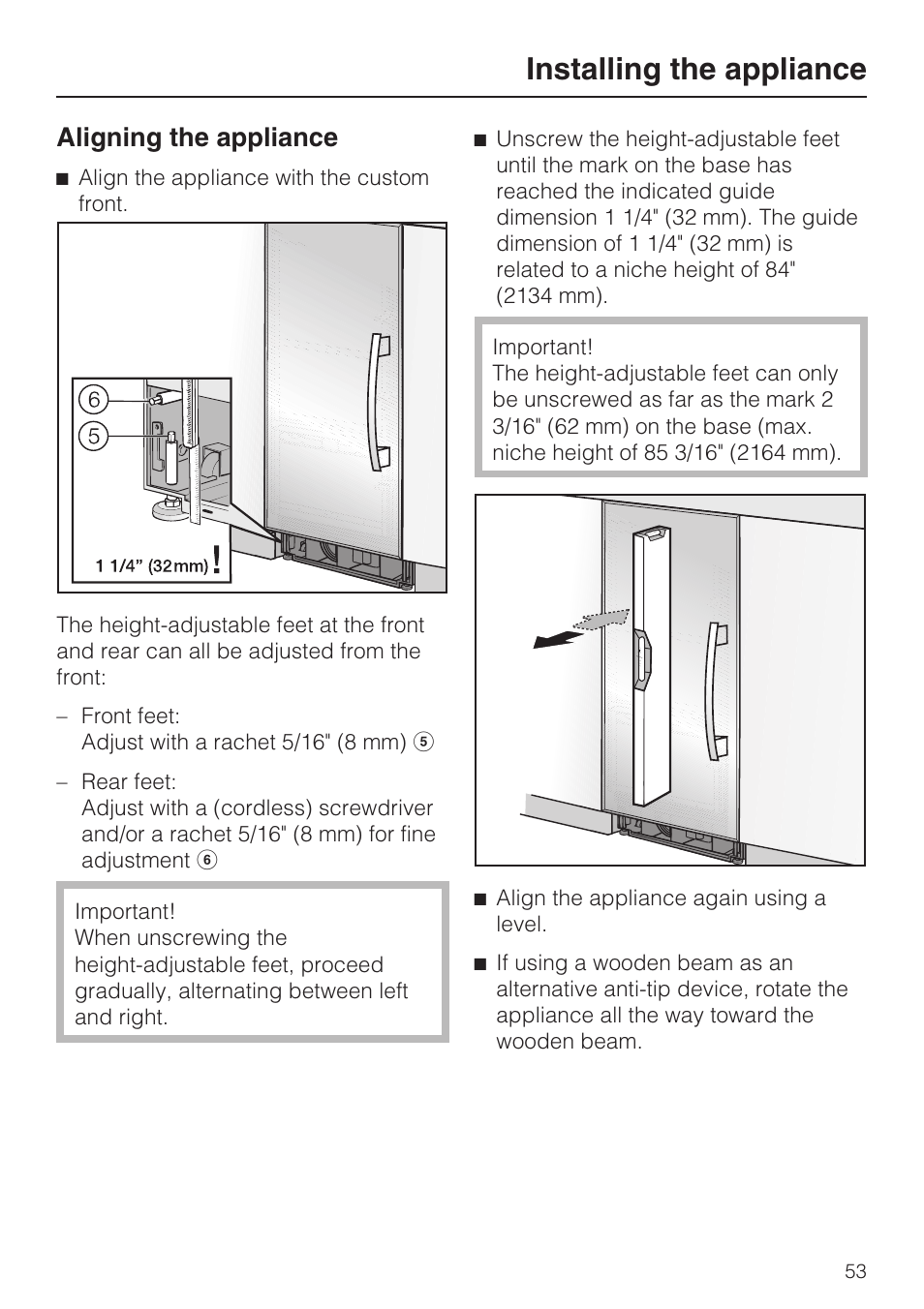 Aligning the appliance 53, Installing the appliance, Aligning the appliance | Miele K1801SF User Manual | Page 53 / 60