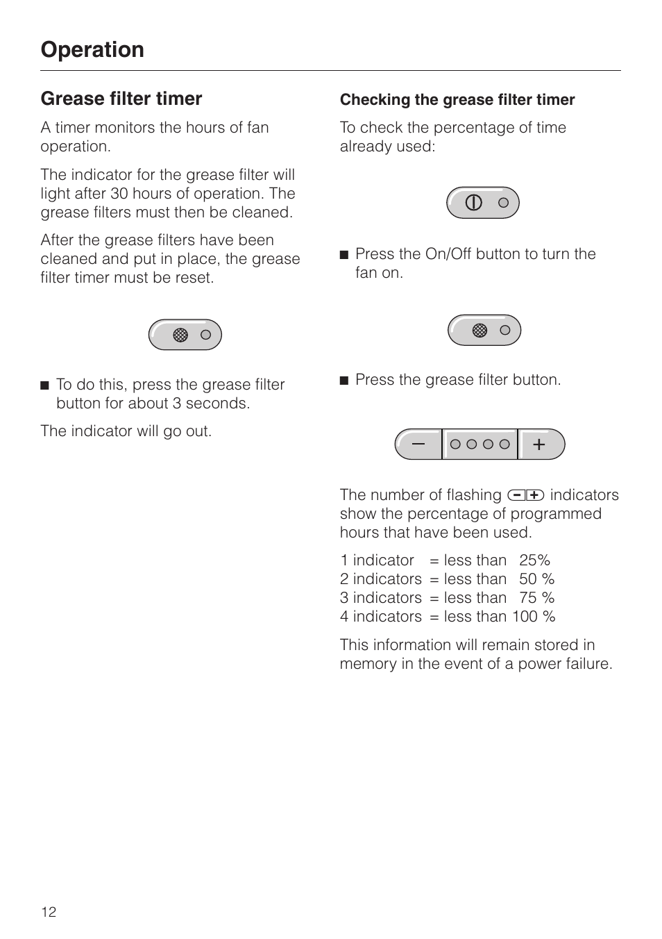 Grease filter timer 12, Checking the grease filter timer 12, Grease filter timer | Checking the grease filter timer, Operation | Miele DA 250 User Manual | Page 12 / 32