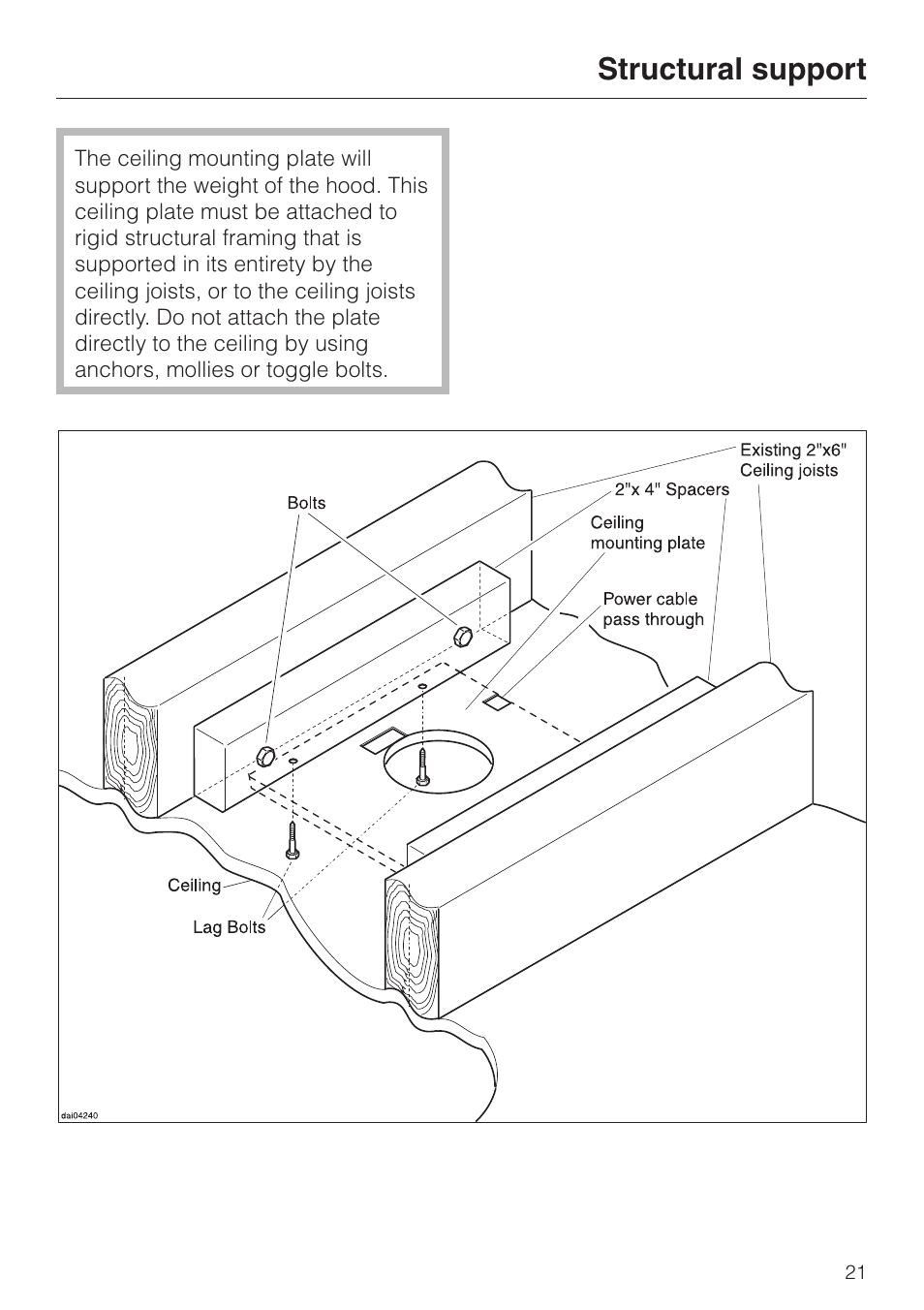 Structural support 21, Structural support | Miele DA 250 User Manual | Page 21 / 32