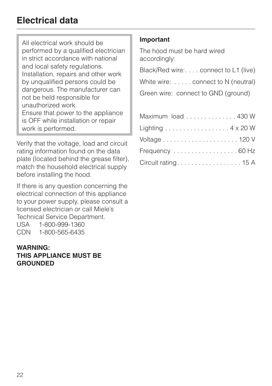 Electrical data 22, Electrical data | Miele DA 250 User Manual | Page 22 / 32