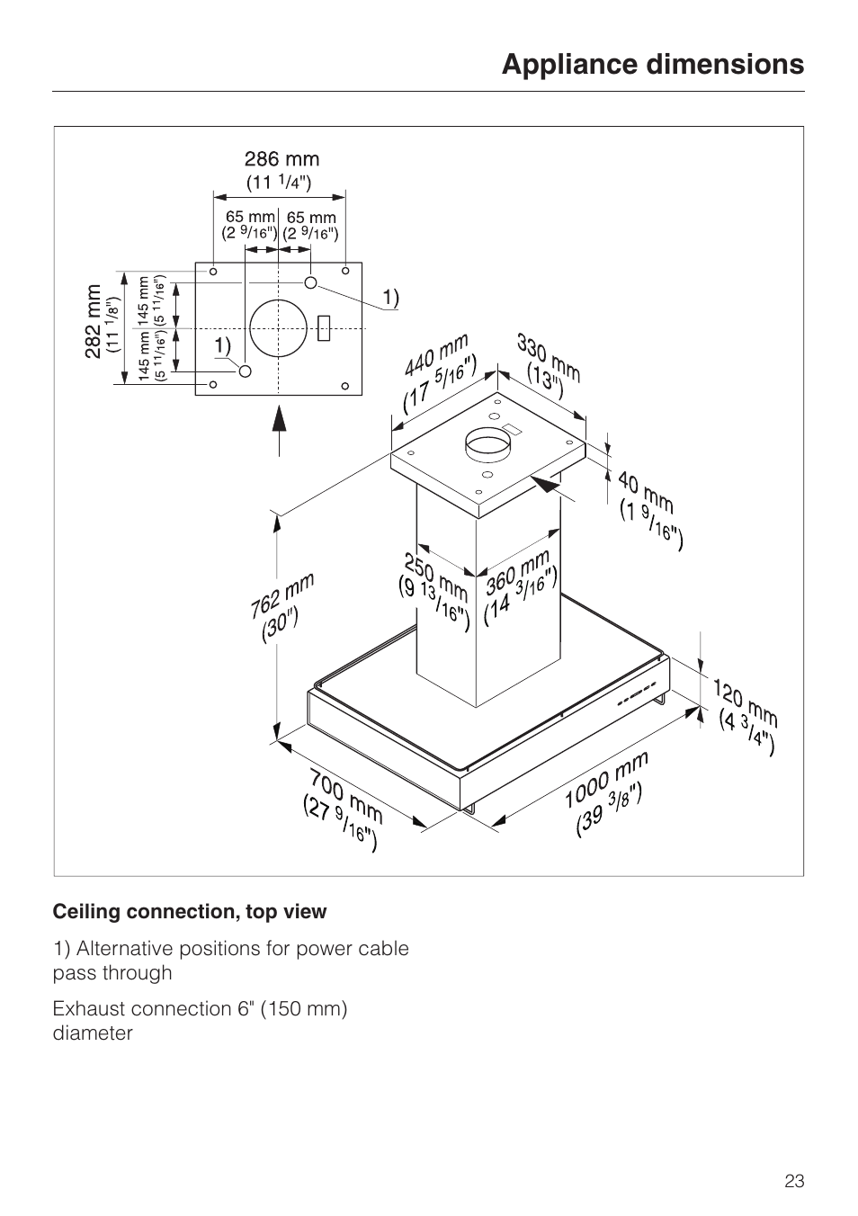 Appliance dimensions 23, Appliance dimensions | Miele DA 250 User Manual | Page 23 / 32